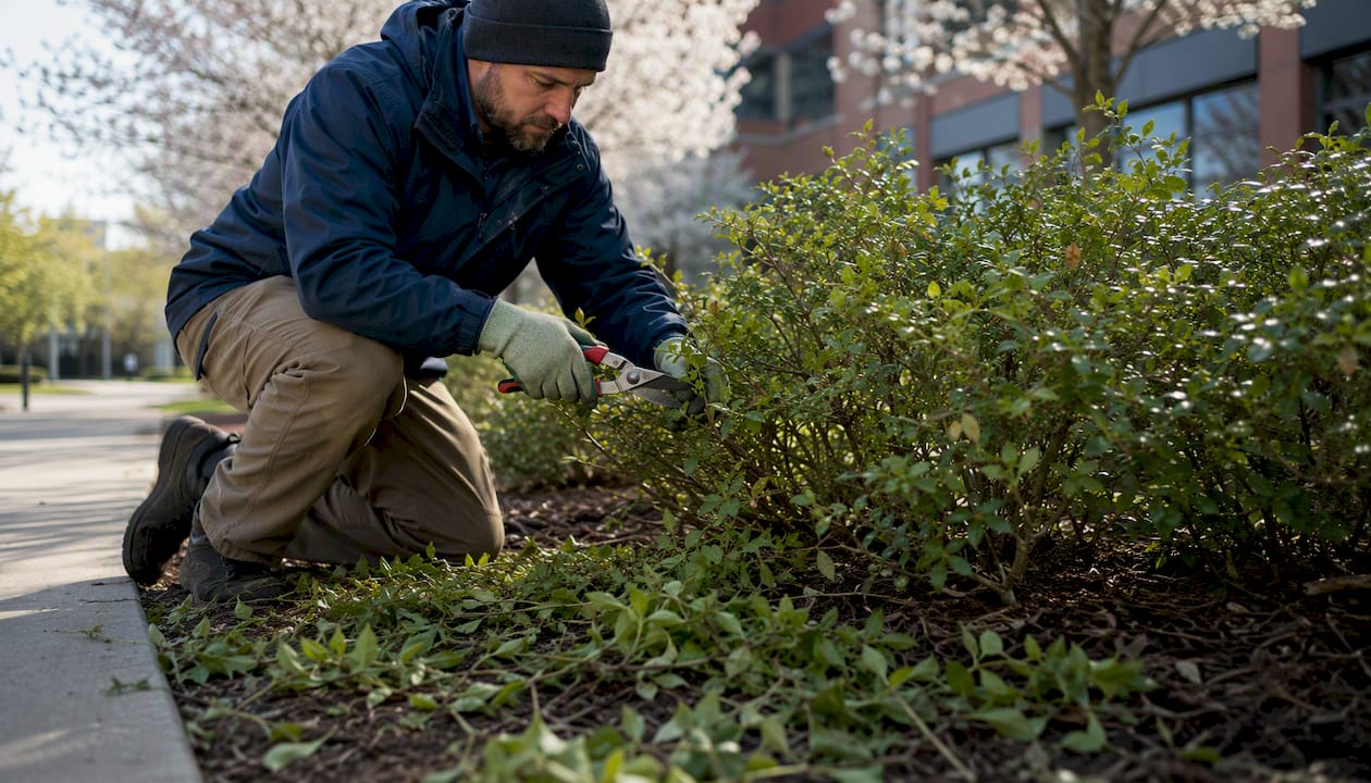 Hands pruning shrubs during grounds maintenance