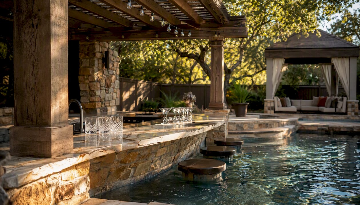 Swim-up bar and cabana outdoor seating