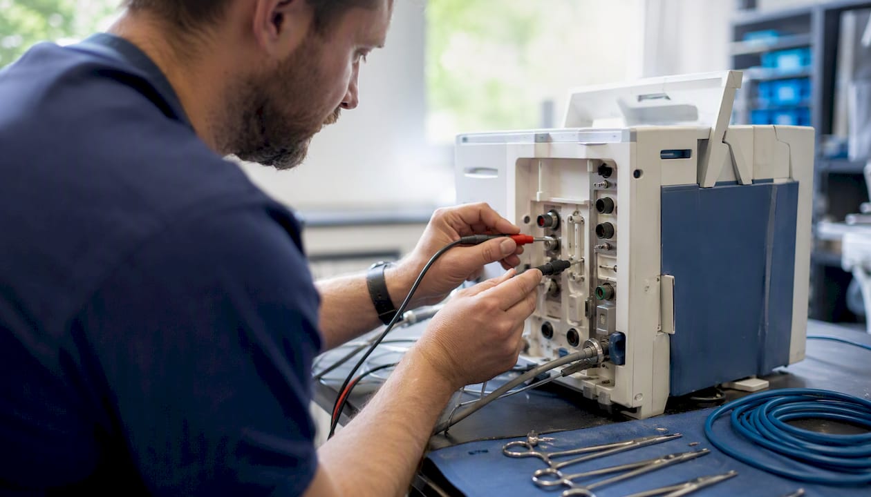 Hands connecting calibration probes to medical device
