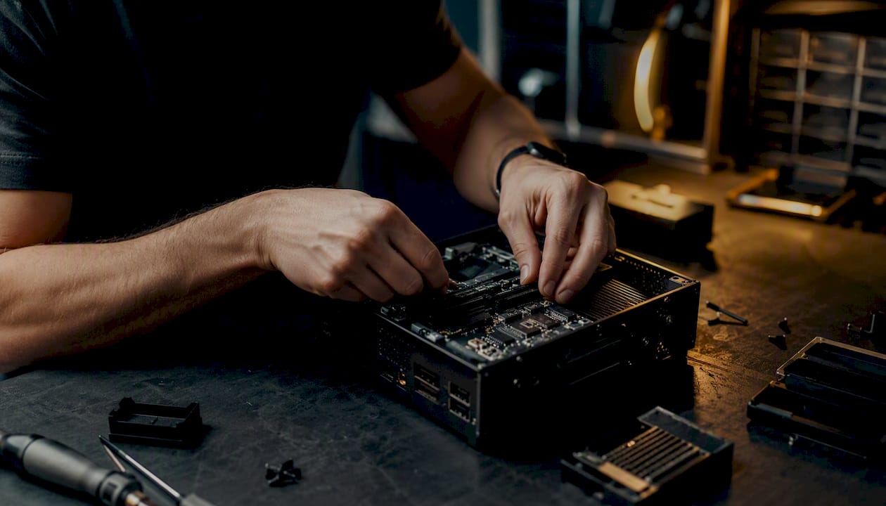 Hands assembling blockchain node hardware