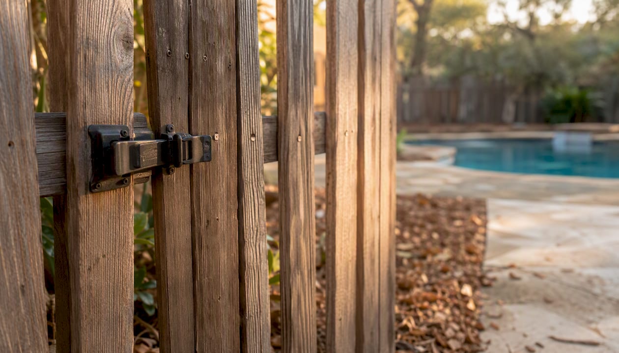 Close-up of wooden pool fence latch and safety gate