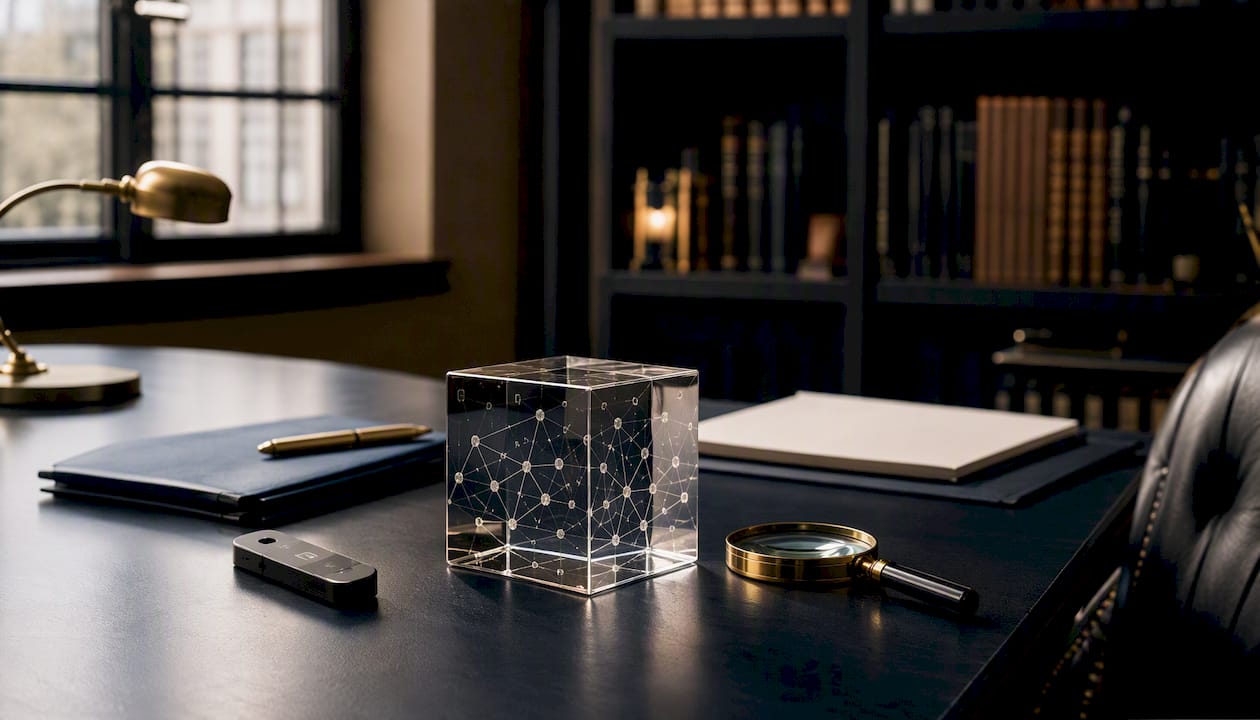 Hands with blockchain model and compliance tools