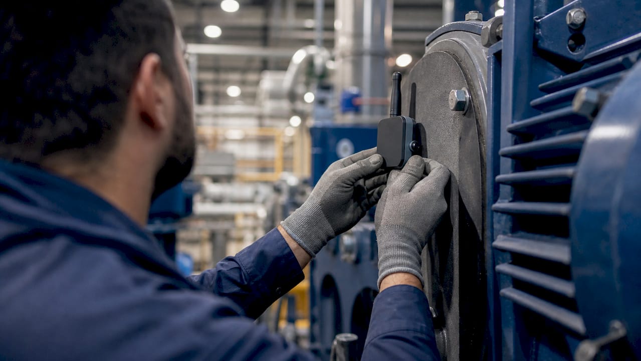 Technician adjusting IoT sensor on machine