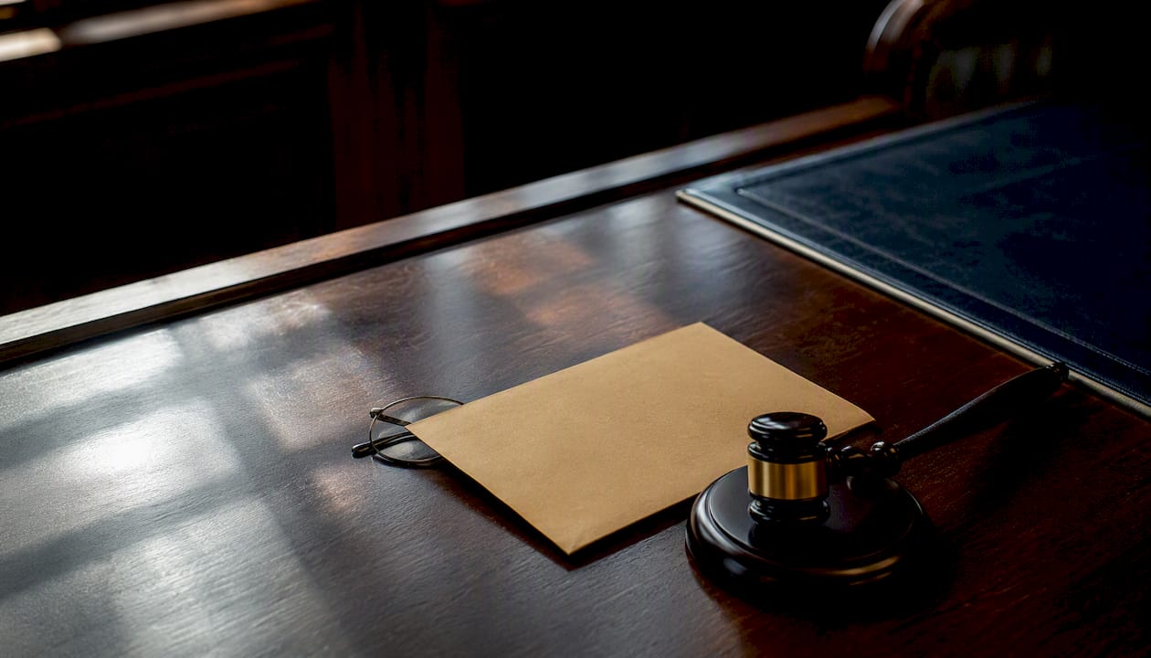 Judge's gavel and legal props on table