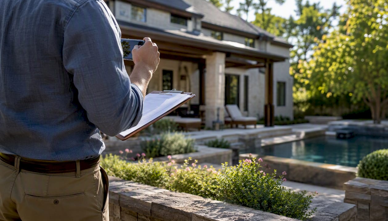 Appraiser measuring house near pool area
