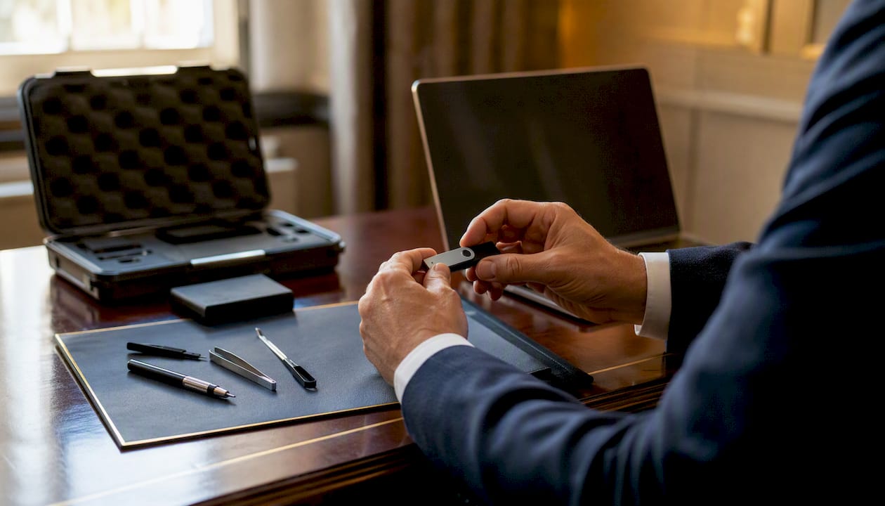 Hands securing crypto hardware wallet evidence