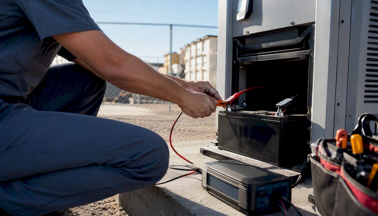 Technician hands testing generator battery