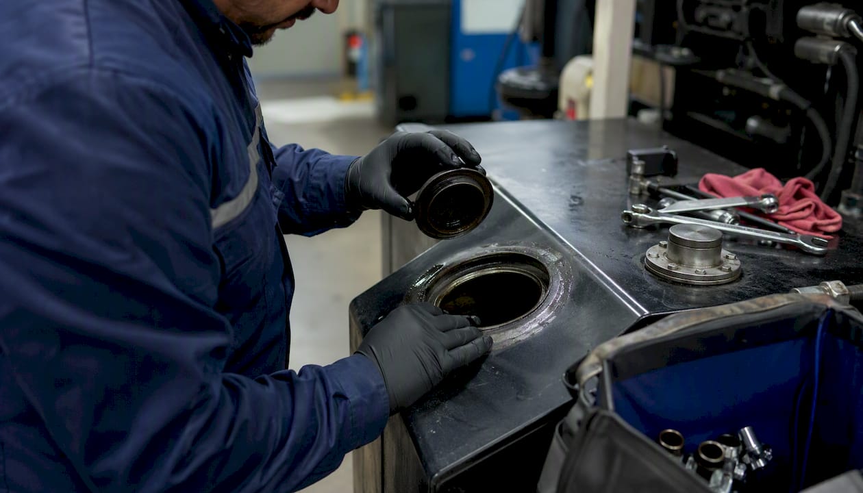 Hands inspecting generator fuel tank