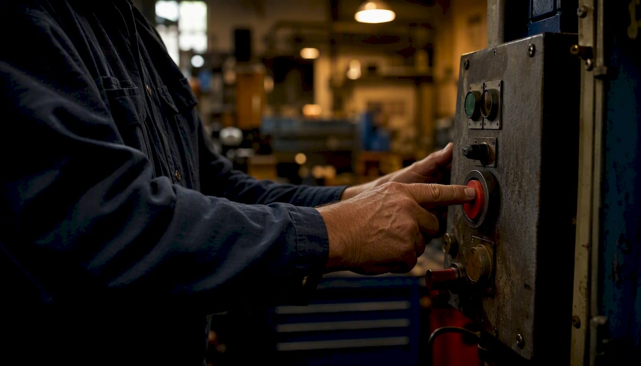 Hand pressing hold button on control panel