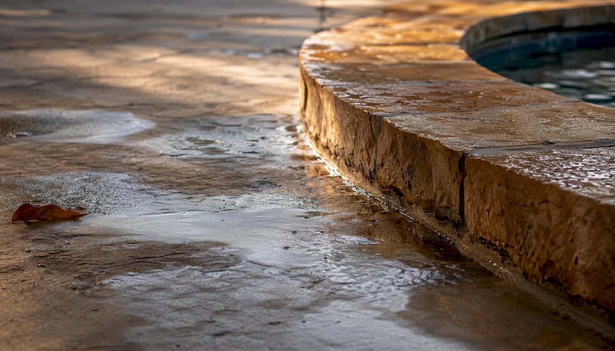 Pool deck with water pooling after rain