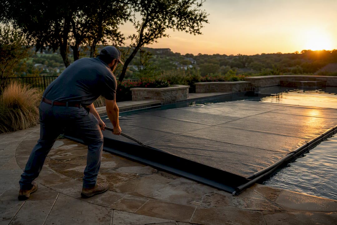 Person deploying solid pool cover