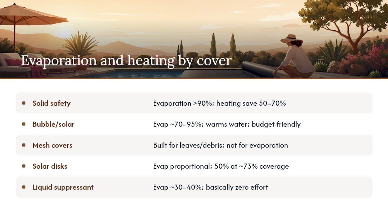 Diagram comparing pool cover types and evaporation reduction