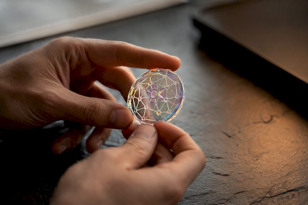 Hands holding translucent model of digital token