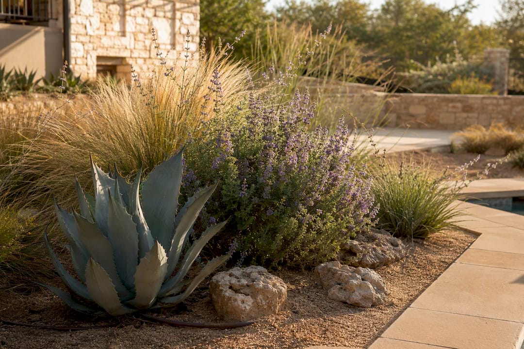 Native drought-tolerant plants near pool edge