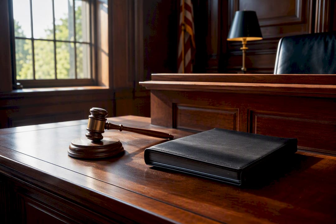 Gavel and glasses on courtroom table