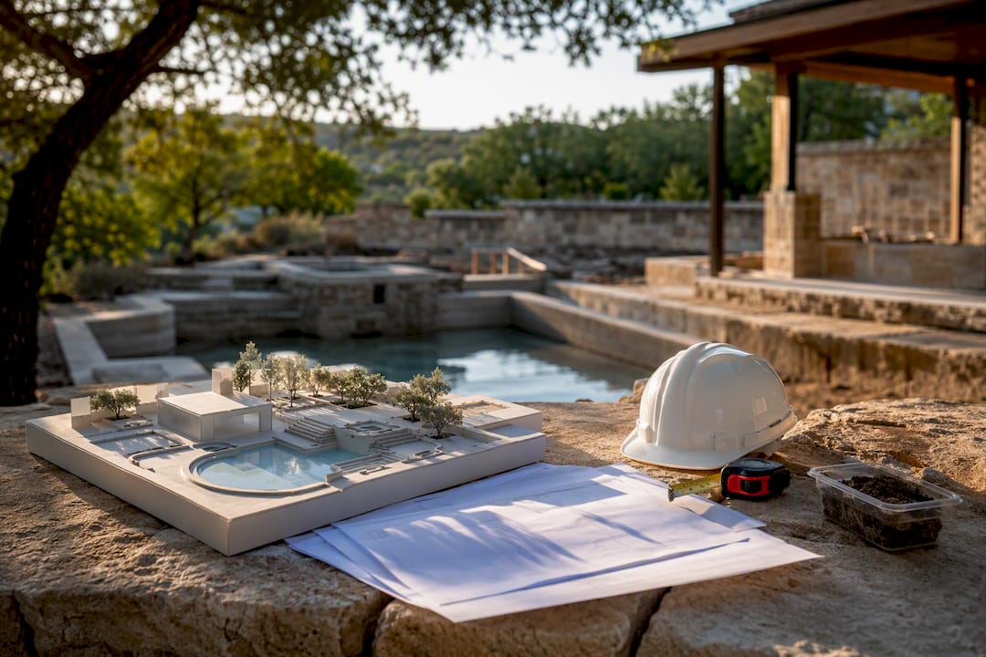 Community pool construction site planning materials