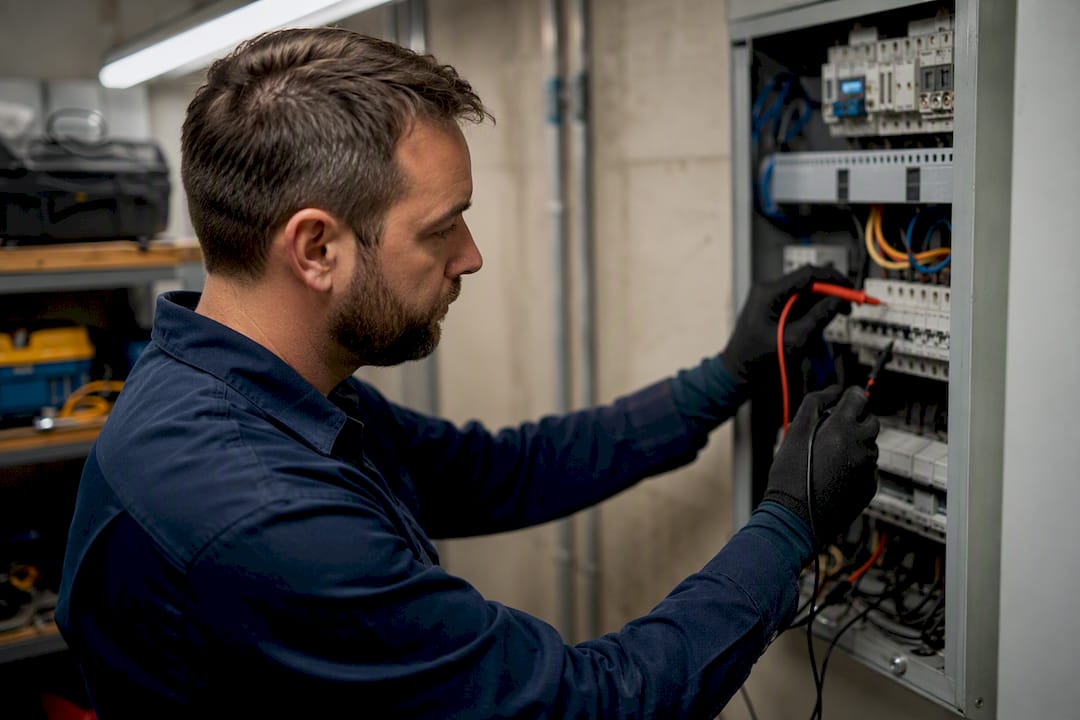 Electrician testing wiring inside panel