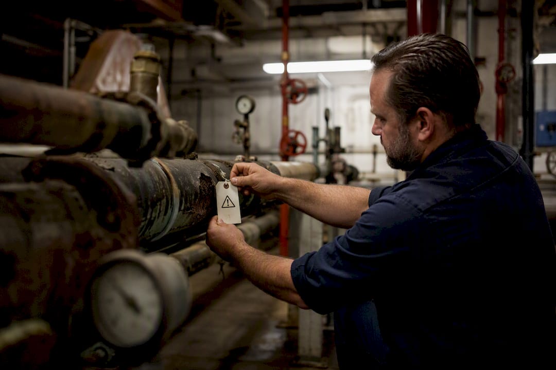 Technician attaching inspection tag to damaged pipe