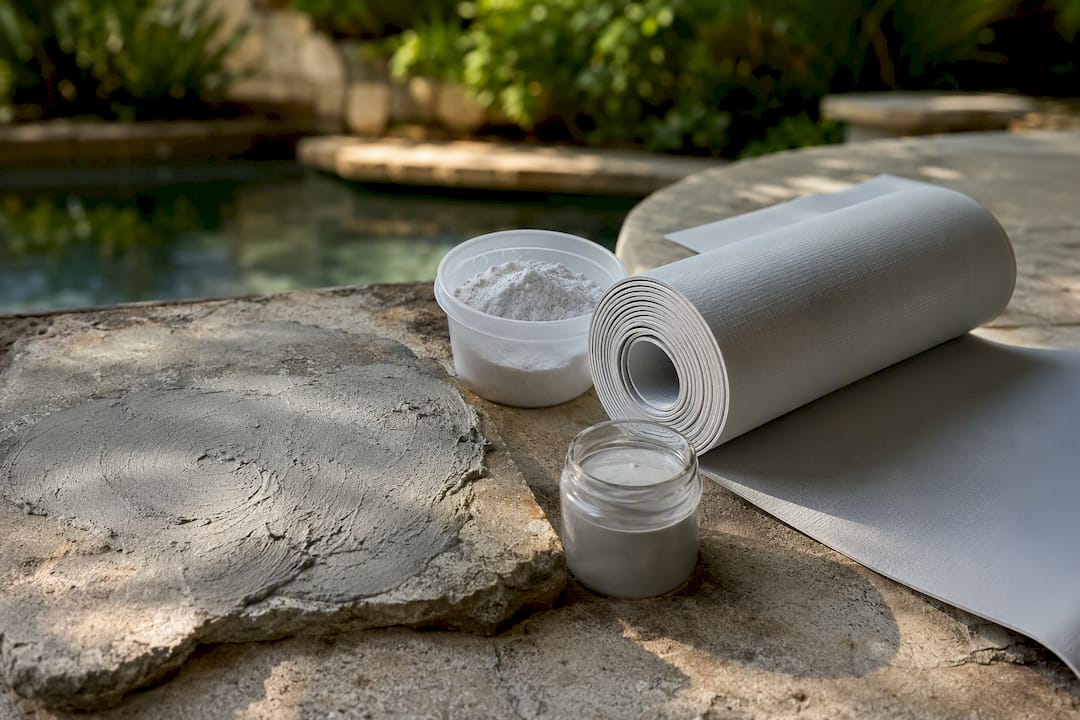 Samples of pool waterproofing materials outdoors
