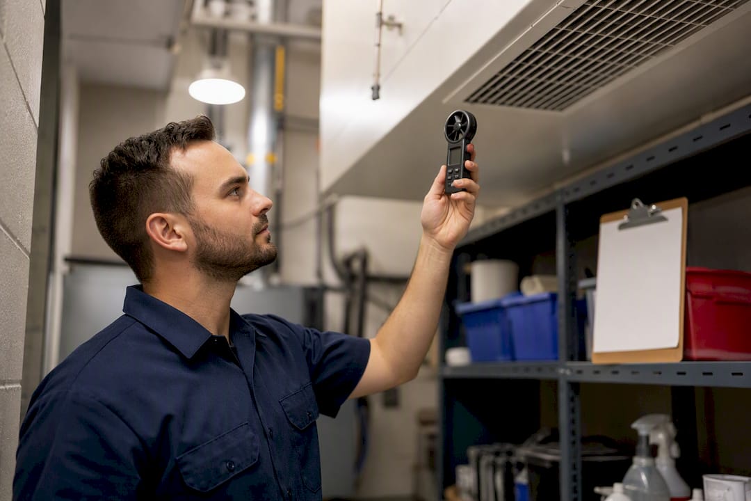 Handheld airflow check at school HVAC vent