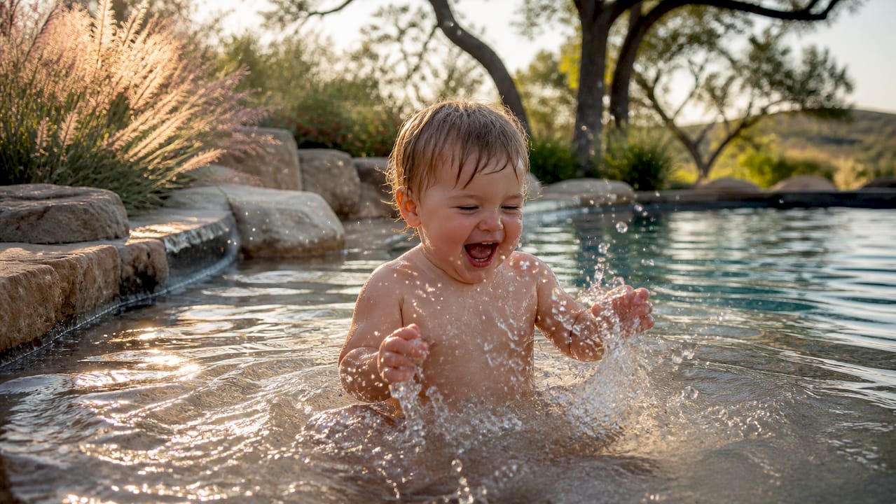 Toddler splashing in sunlit shallow pool zone