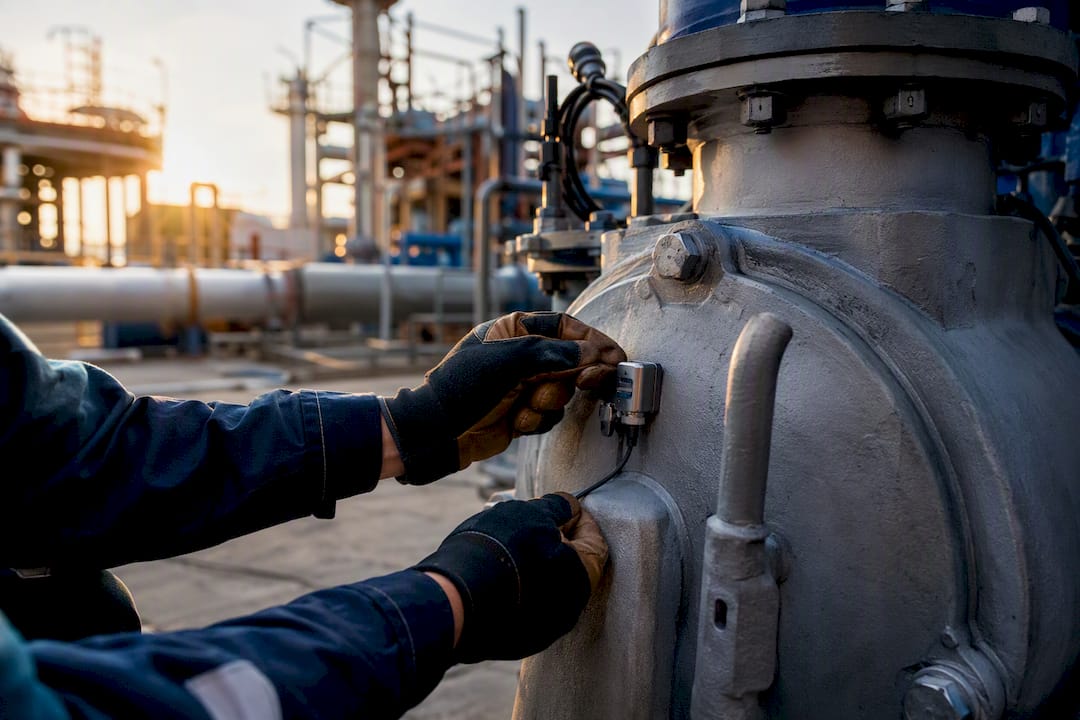 Technician installing vibration sensor on pump