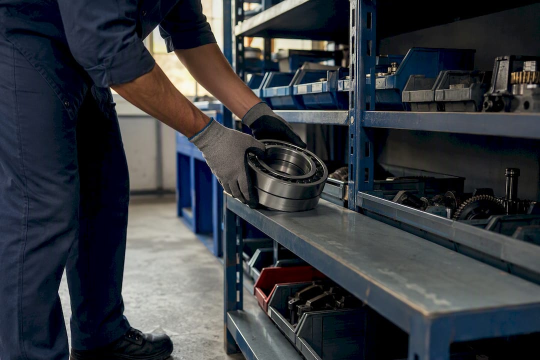 Technician placing bearing on ergonomic shelf