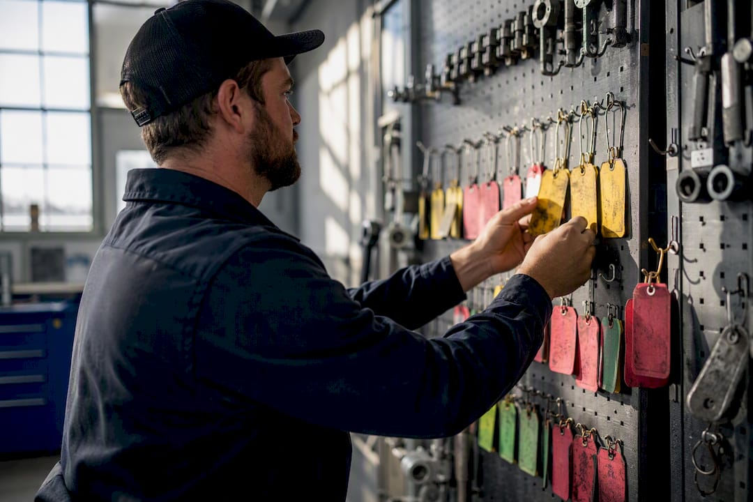 Hands arranging maintenance priority tags