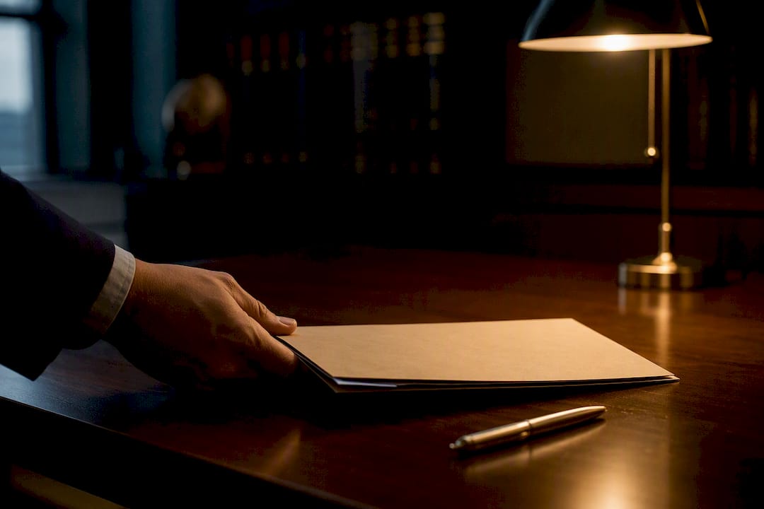 Hand sliding legal subpoena folder on desk