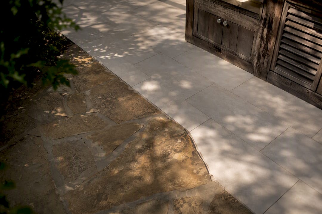 Outdoor kitchen flooring samples in natural light