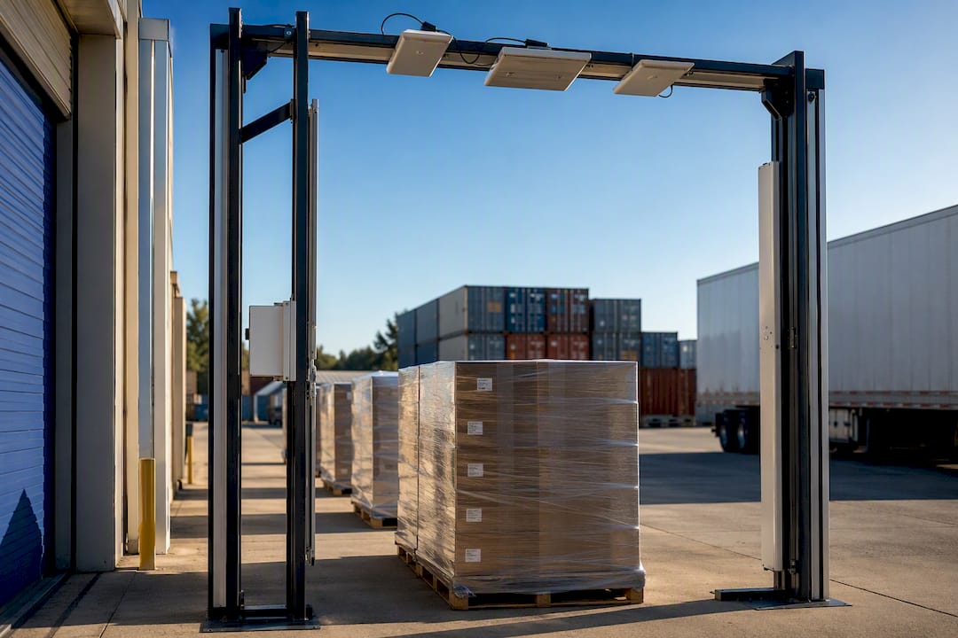 RFID portal scanning pallets in warehouse