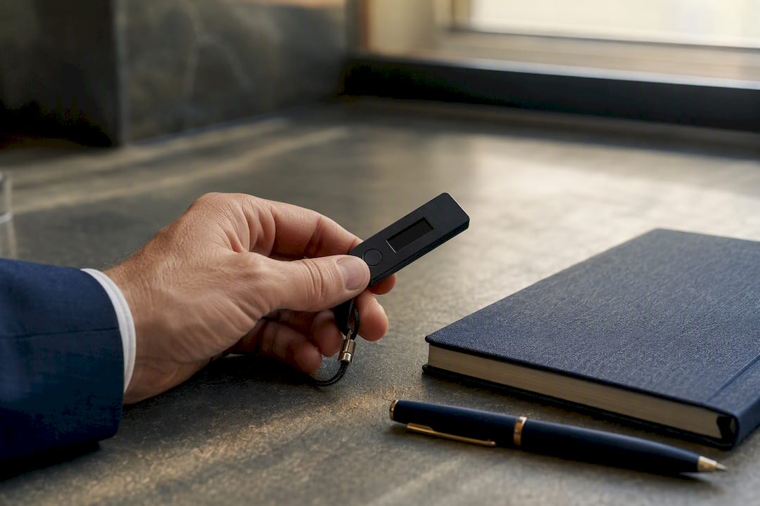 Hand holding hardware authenticator device on desk
