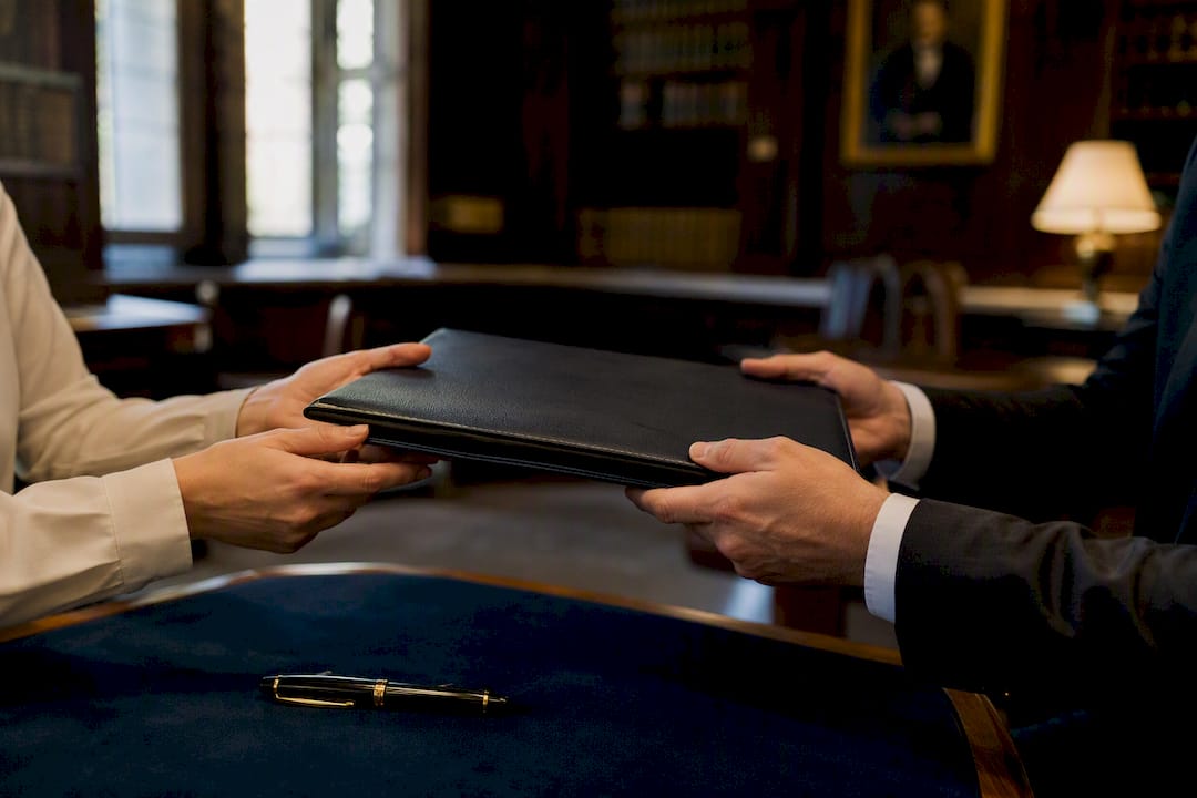 Hands exchanging leather legal folder on navy fabric