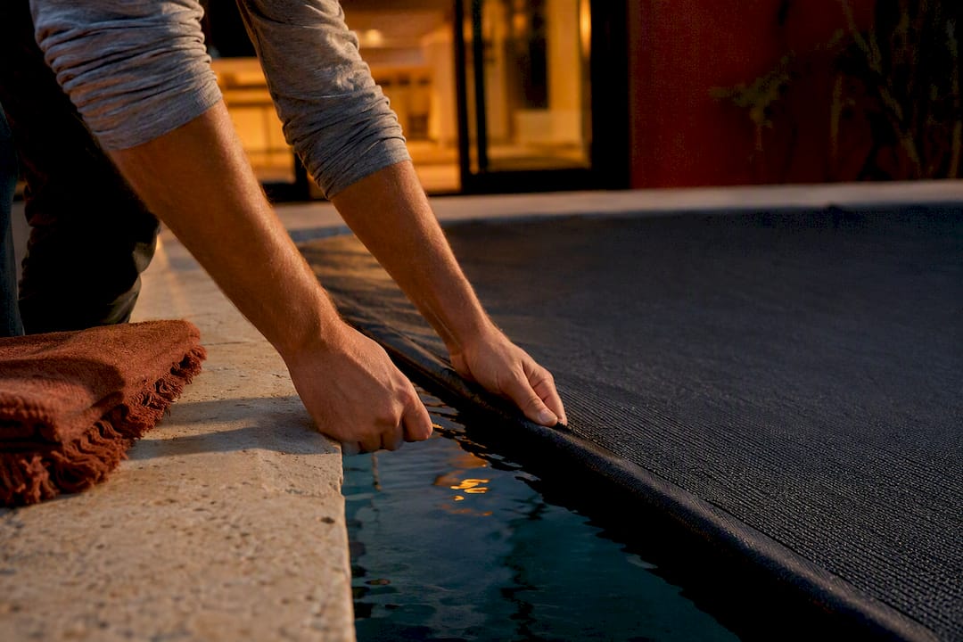 Hands covering narrow pool to reduce evaporation