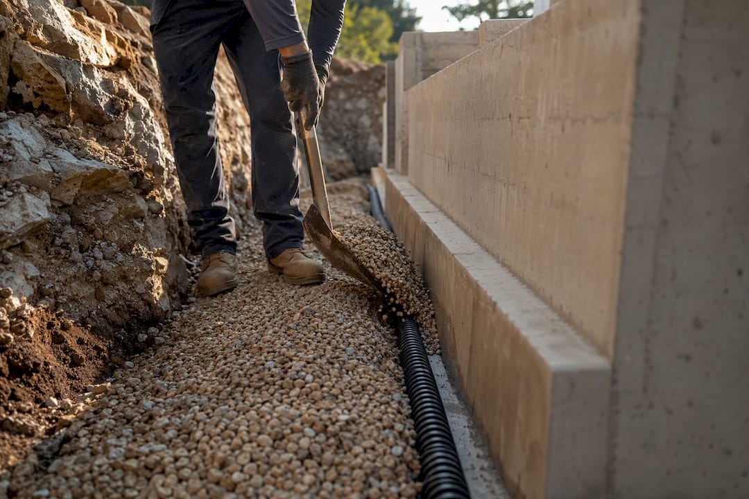 Drainage pipe and gravel behind retaining wall