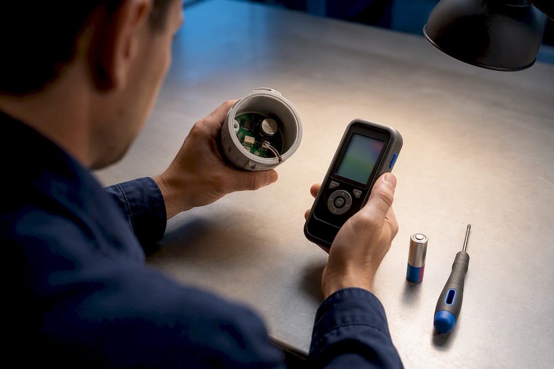 Technician checking sensor calibration and battery