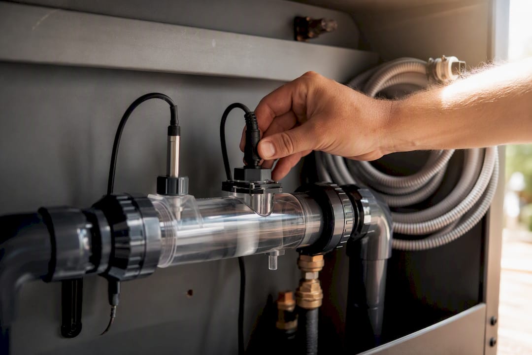 Technician checking pool flow sensor