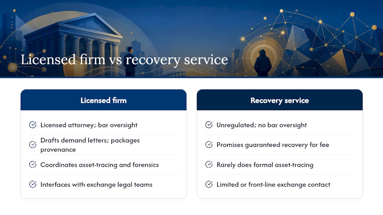 What a Crypto Law Firm Actually Does When Your Funds Are Locked — overview diagram