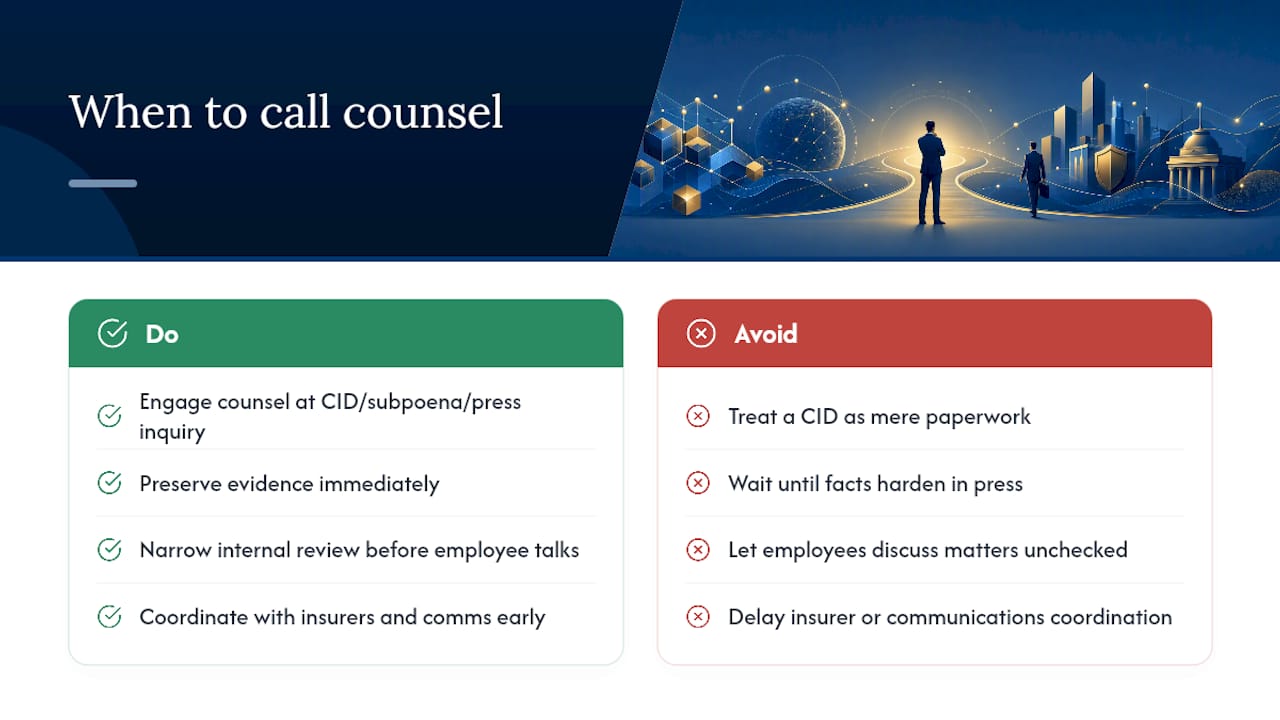 When to Call Counsel: An Editorial Take — overview diagram