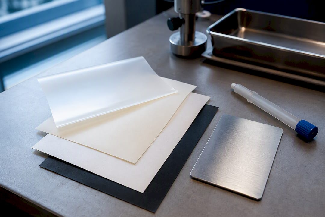 Label material samples and overlaminate
