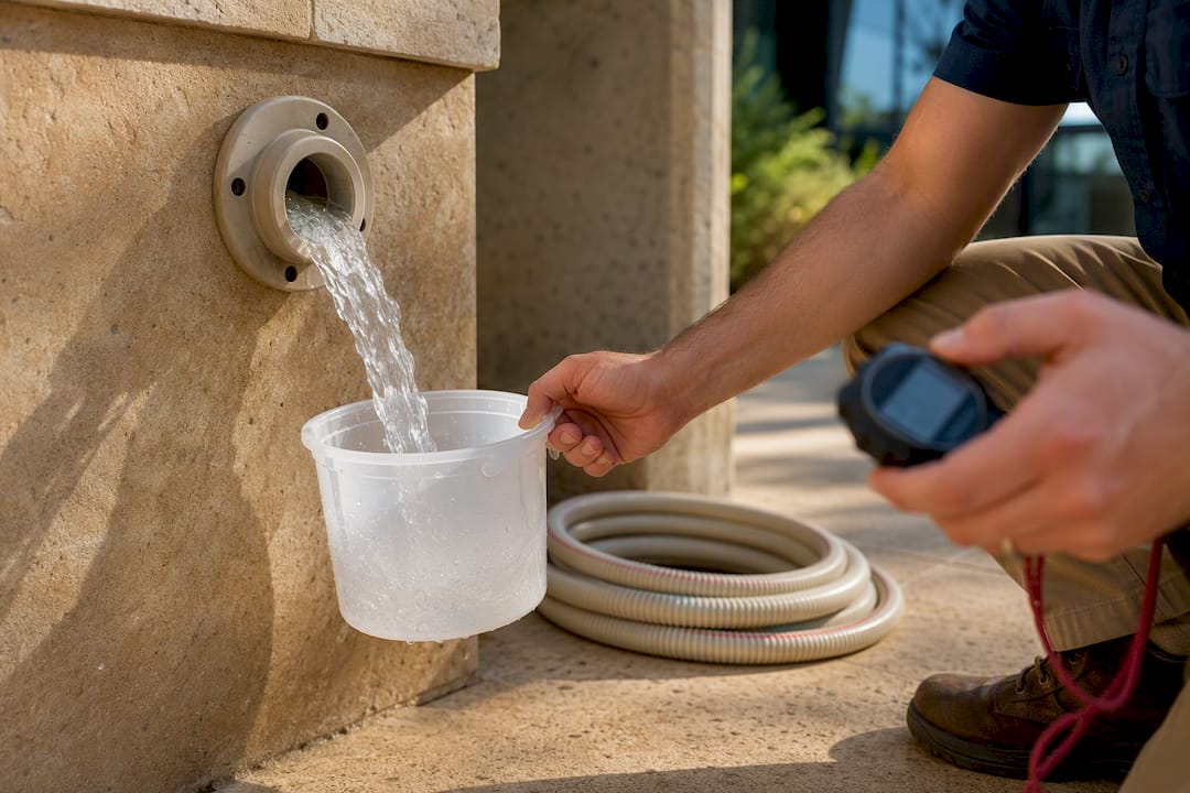 Technician timing temporary pool flow test