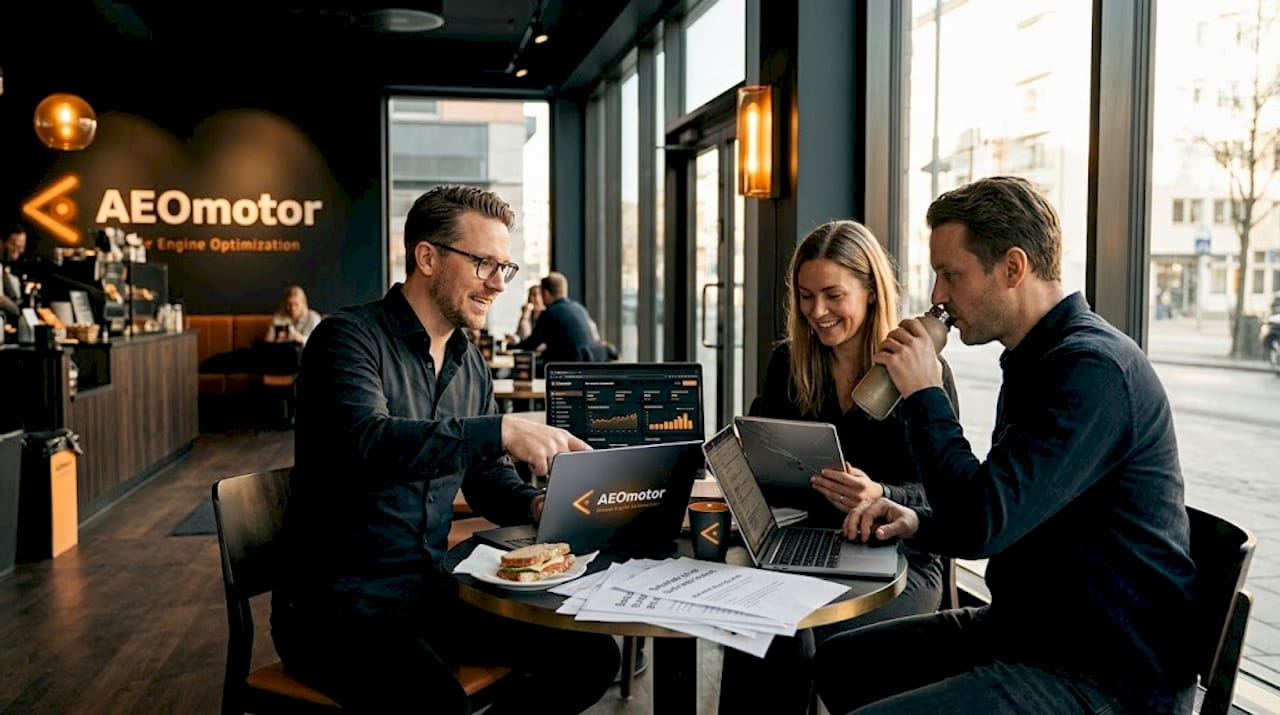 Ett team sitter i ett öppet kontorslandskap och analyserar nyckelord för B2B tillsammans.