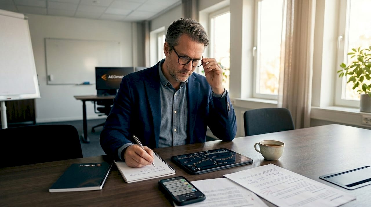 Vid konferensbordet går man igenom statistik från AI-sökningar.