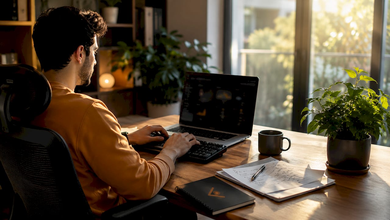 Händer som skriver på tangentbordet medan AI-relaterade SEO-anteckningar dyker upp ovanför.