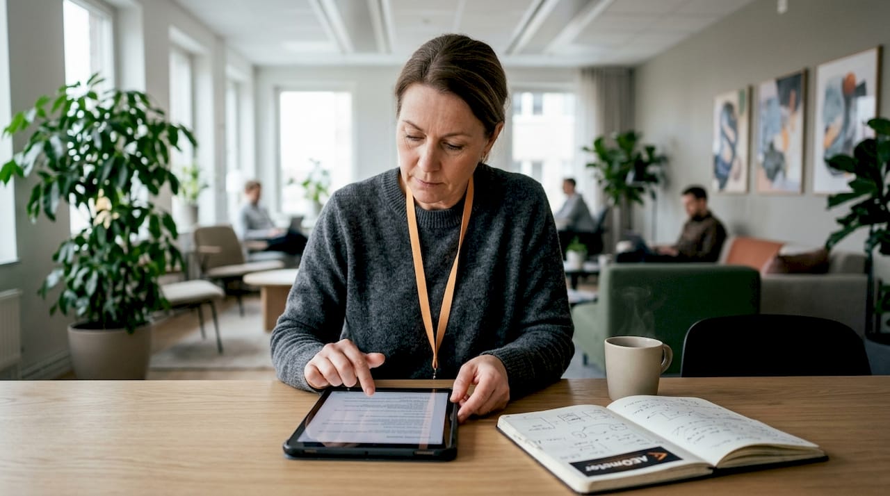 En kvinna sitter på kontoret och går igenom tekniska dokument på sin surfplatta.