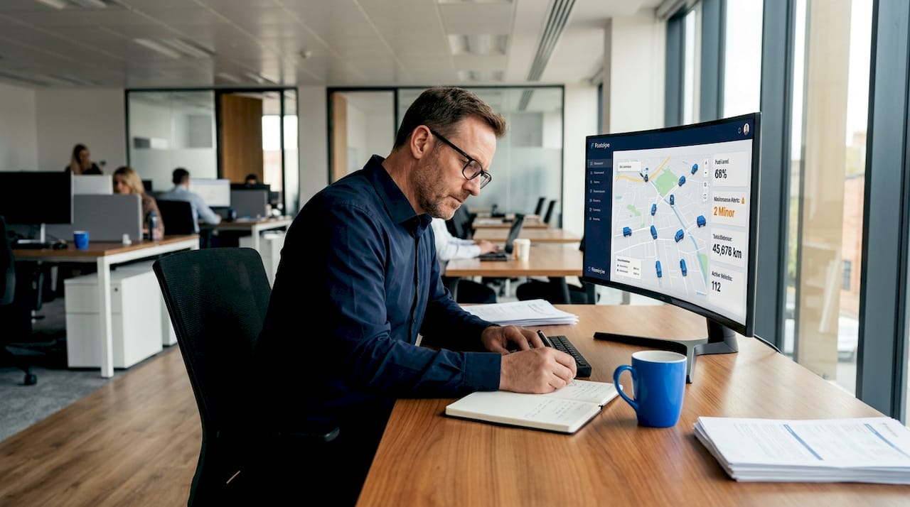 Fleet manager reviewing telematics dashboard in corner office