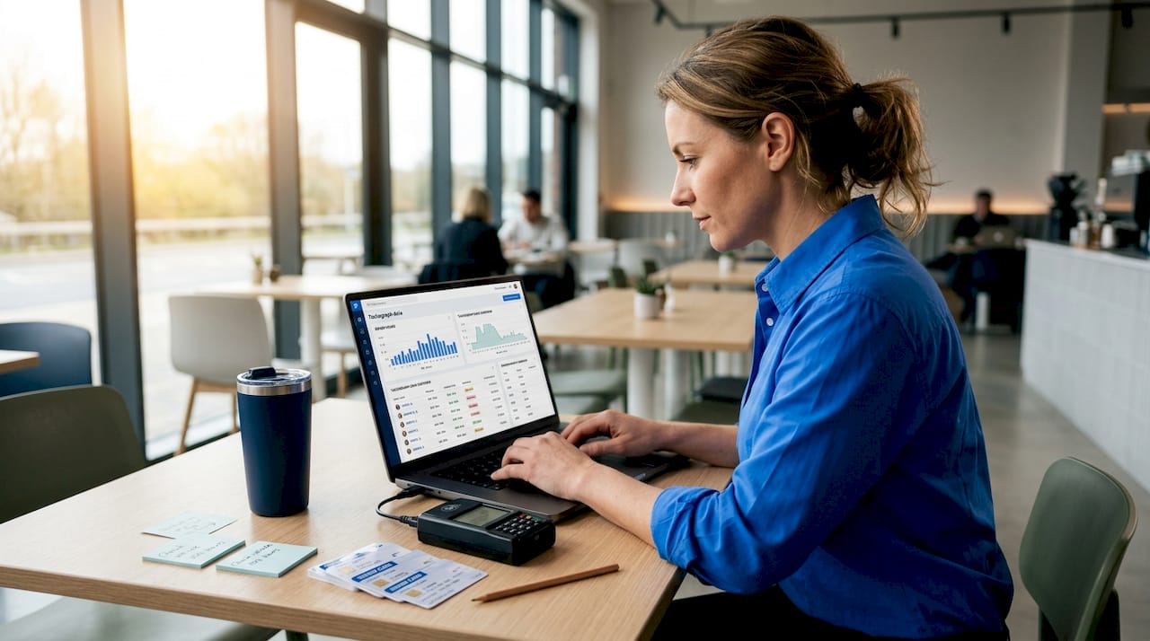 Coordinator entering driver tachograph data in shared office