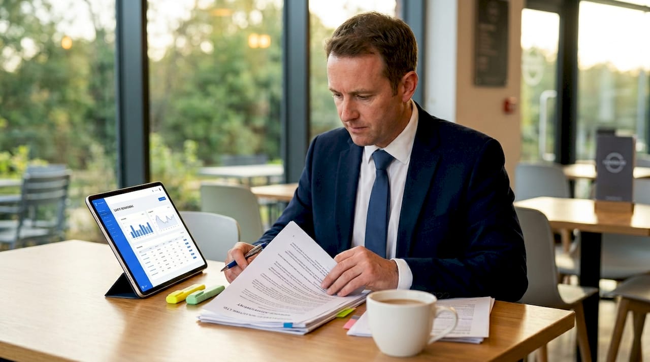 Fleet manager reviewing telematics contract at desk