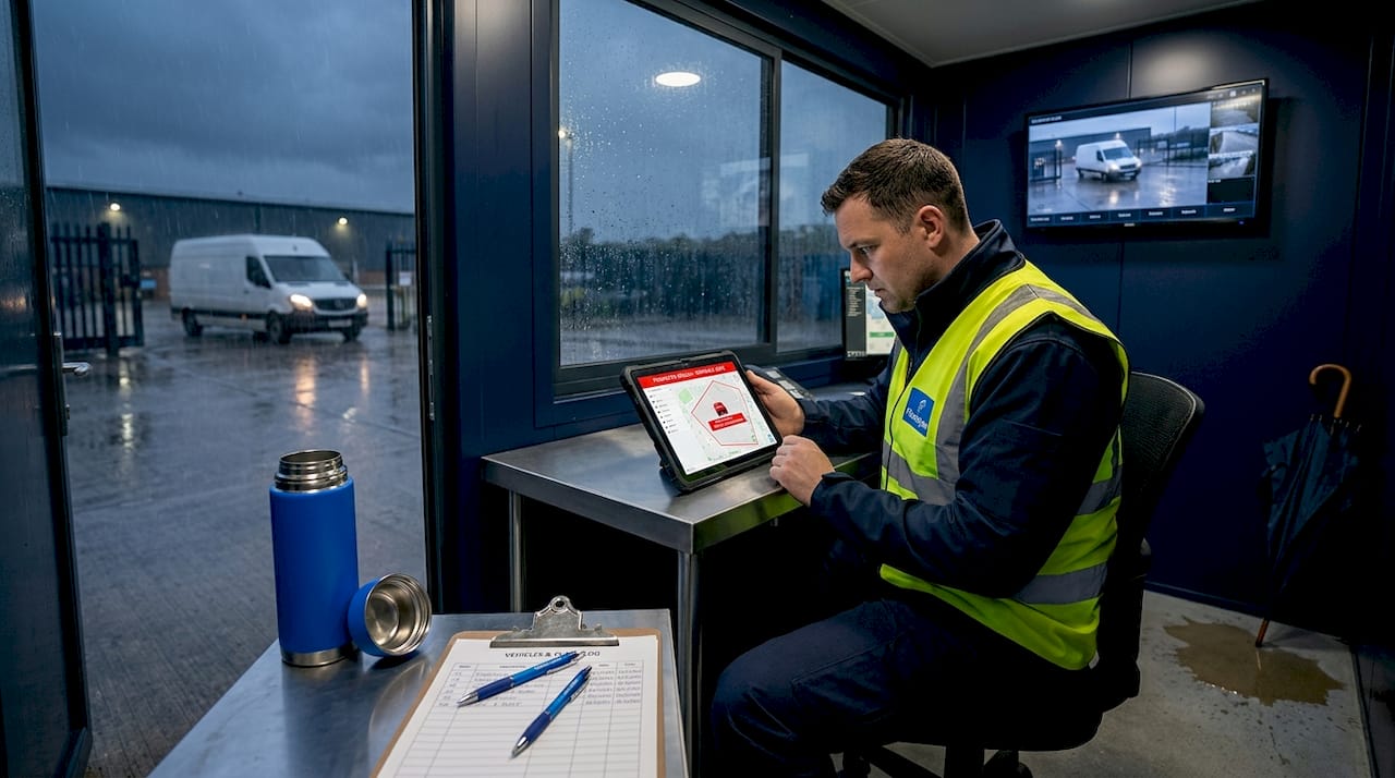 Security guard checks vehicle geofence alert