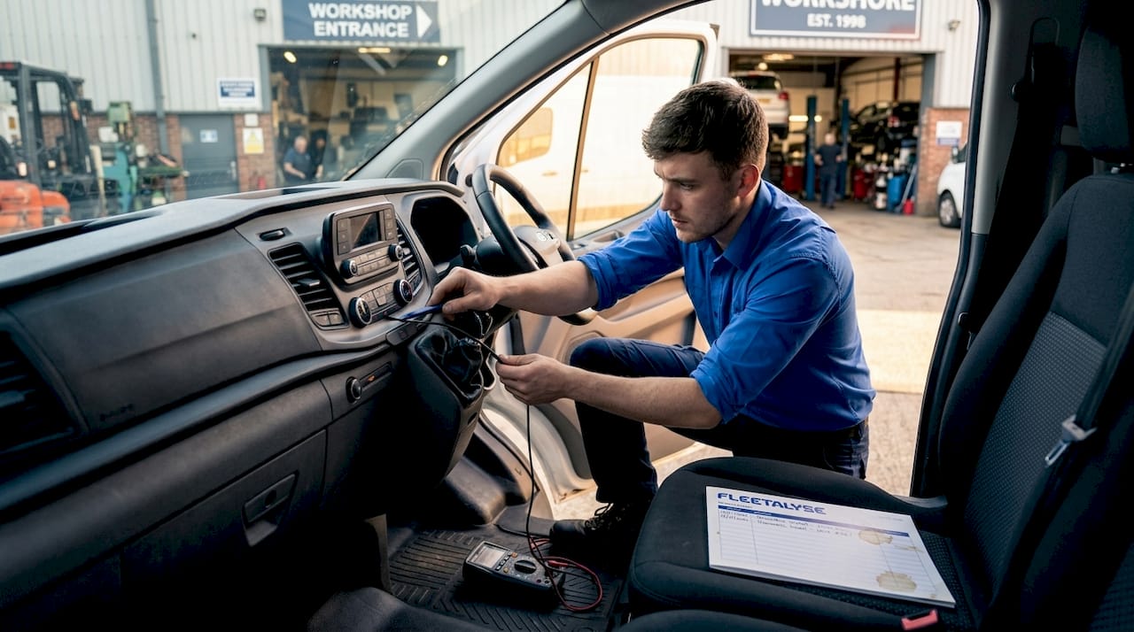 Technician carefully routing telematics wires in van